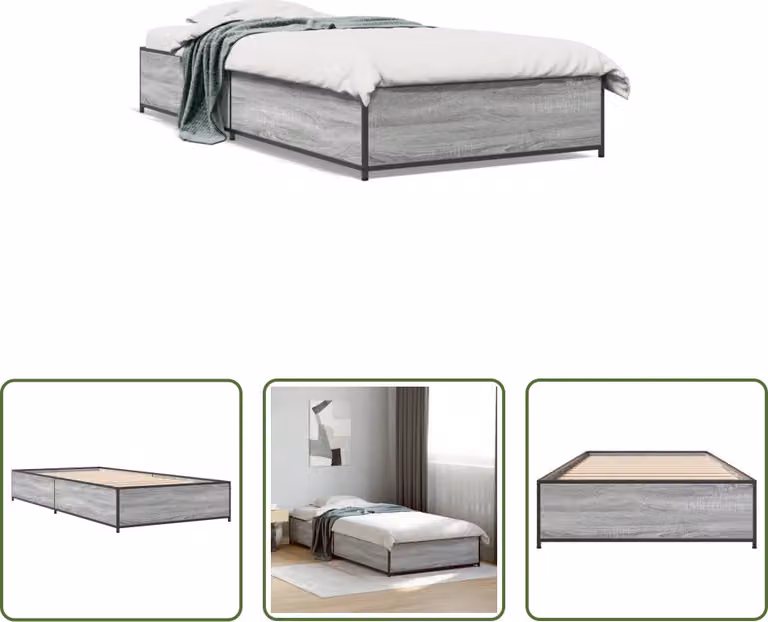 The Living Store Struttura letto Grey Sonoma 100x200 cm Materiale a base di legno e metallo