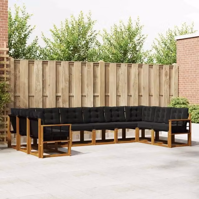 Set di divani da esterno vidaXL a forma di L in legno di acacia e textilene, marrone e nero, composto da 10 pezzi con cuscini inclusi – 1