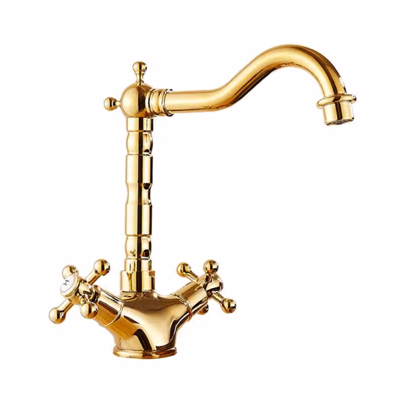 Rubinetto in ottone antico, miscelatore a due manopole – cartuccia Vetroceramica antigoccia, design retrò spazzolato, corpo in ottone resistente, finitura oro opaco