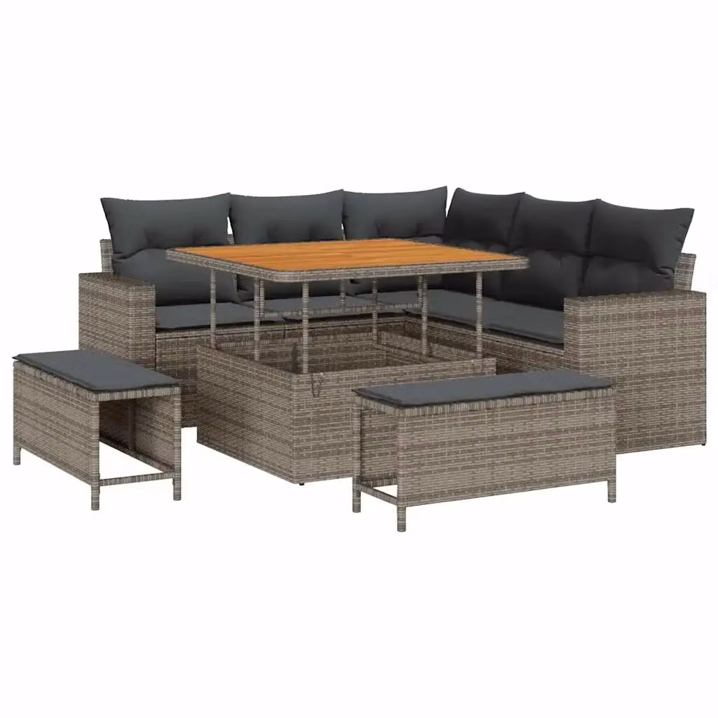 Set Divano da Giardino vidaXL 9 Pezzi a Forma di L Grigio con Cuscini e Tavolino da Caffè in Polyrattan e Acciaio – 2