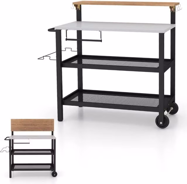 Carrello bar con piano ribaltabile per sacchetto della spazzatura, Supporto per forno con ganci Nero-Carrelli