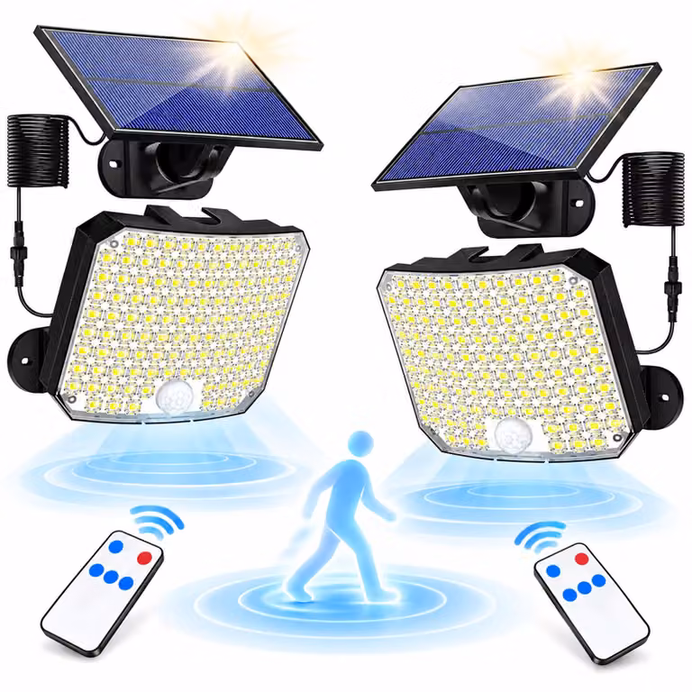 2x 118 LED faretti solari con sensore di movimento Telecomando Lampada solare da esterno Proiettore con cavo da 5 m Bianco freddo Per esterni Lampada da parete Lampade da giardino