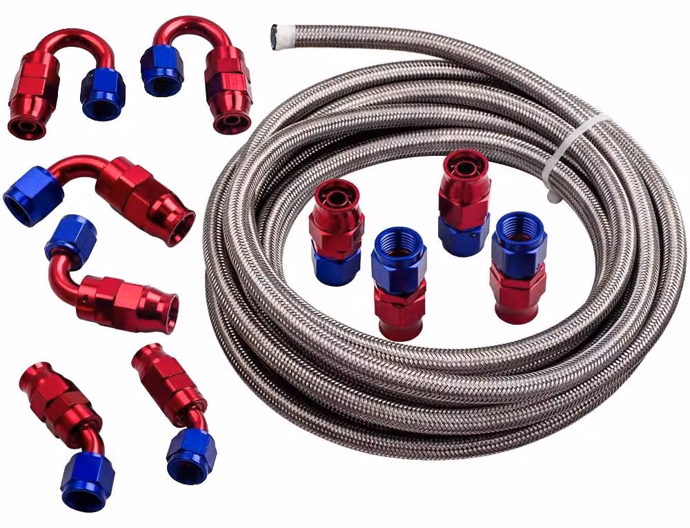 Tubo per carburante, lunghezza 6 metri, materiale: acciaio inossidabile, compatibile con connettori AN6, completo di raccordi a 90°, peso: 1,5 kg