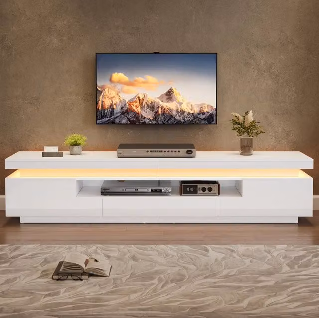 Mobile TV da soggiorno 175 x 38 x 45 cm con LED; 2 vani e 1 cassetto; bianco lucido