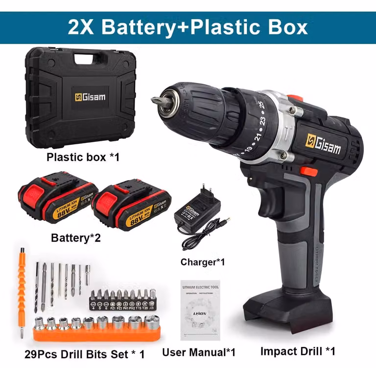 Trapano avvitatore a batteria - 18V - 2 batterie agli ioni di litio - 1450 giri/min - Mandrino autoserrante da 10 mm - Valigetta in plastica