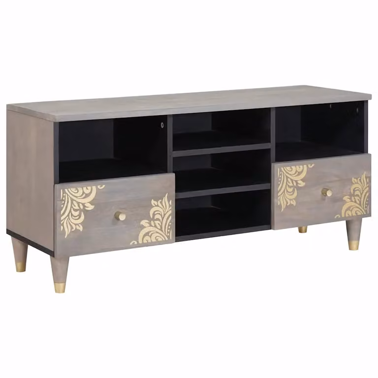 Mobile TV moderno vidaXL in legno di mango massello, Grigio e Oro, L 100 x P 33 x H 46 cm