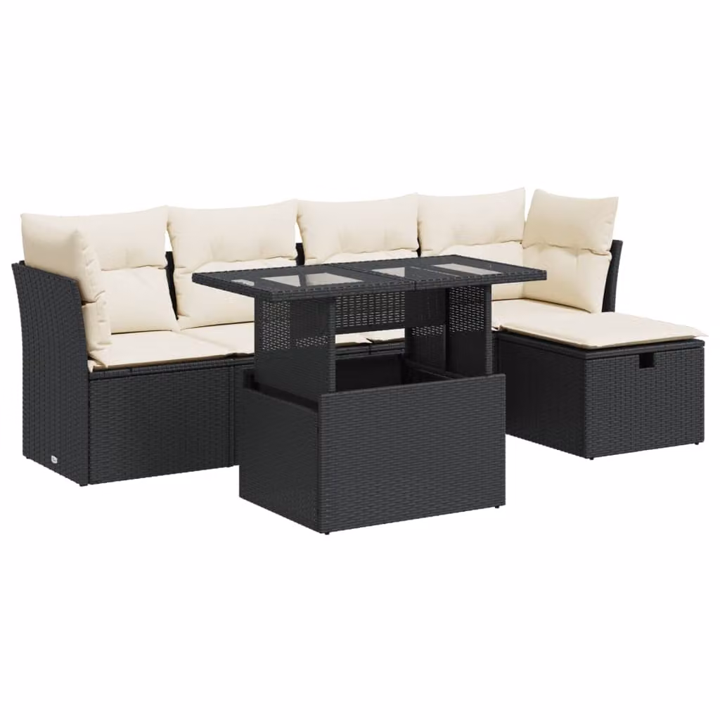 Set Divano da Giardino 6 pz con Cuscini Nero in Polyrattan