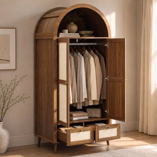 Desviae Armadio a 2 ante con 2 cassetti vano aperto e appendiabiti in MDF effetto noce e rattan PE beige per camera da letto