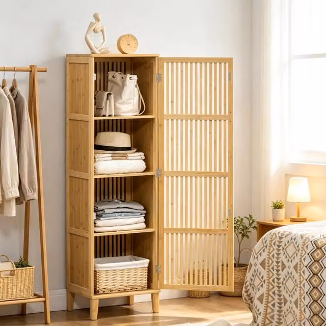 Mobile contenitore WISHDOR in bambù beige con ante a lamelle e 2 ripiani, design moderno L 40 cm x P 30 cm x H 140 cm