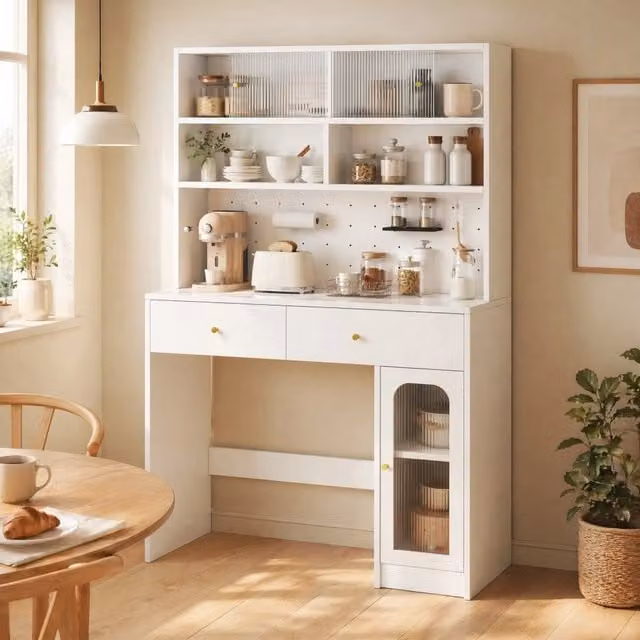 Mobile cucina multifunzione MODFU bianco con ante in vetro e piano in MDF L/P/H: 120 x 45 x 180 cm