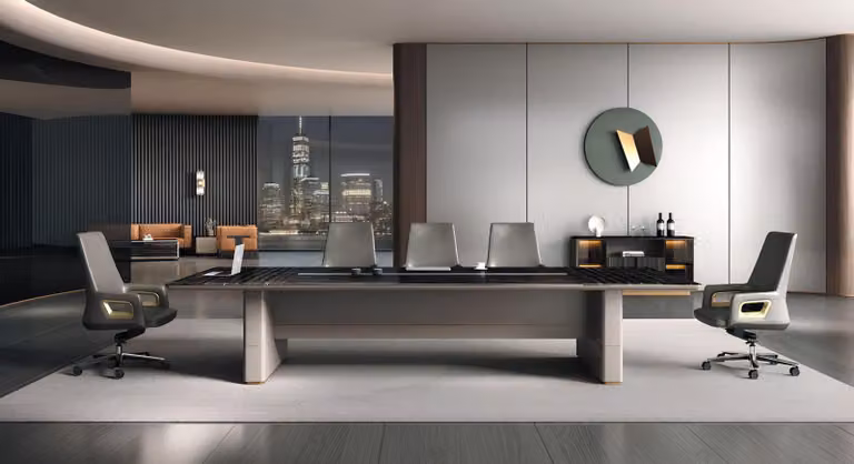 Elegante set da ufficio: grande tavolo da riunione, raffinata credenza, 2 pezzi