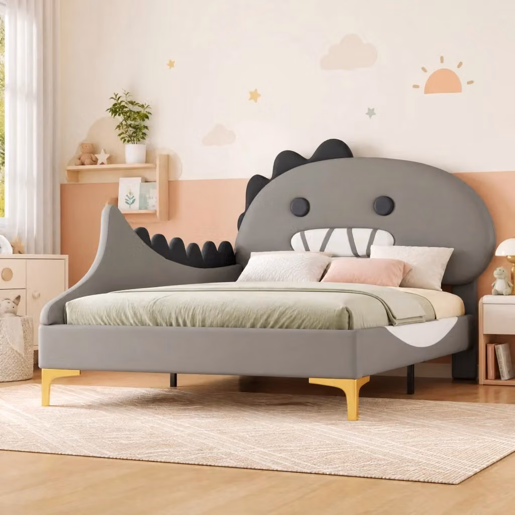 Letto singolo per bambini Mivray con testiera a dinosauro in ecopelle e MDF grigio, L/P/H: 90 x 200 x 109 cm – 2