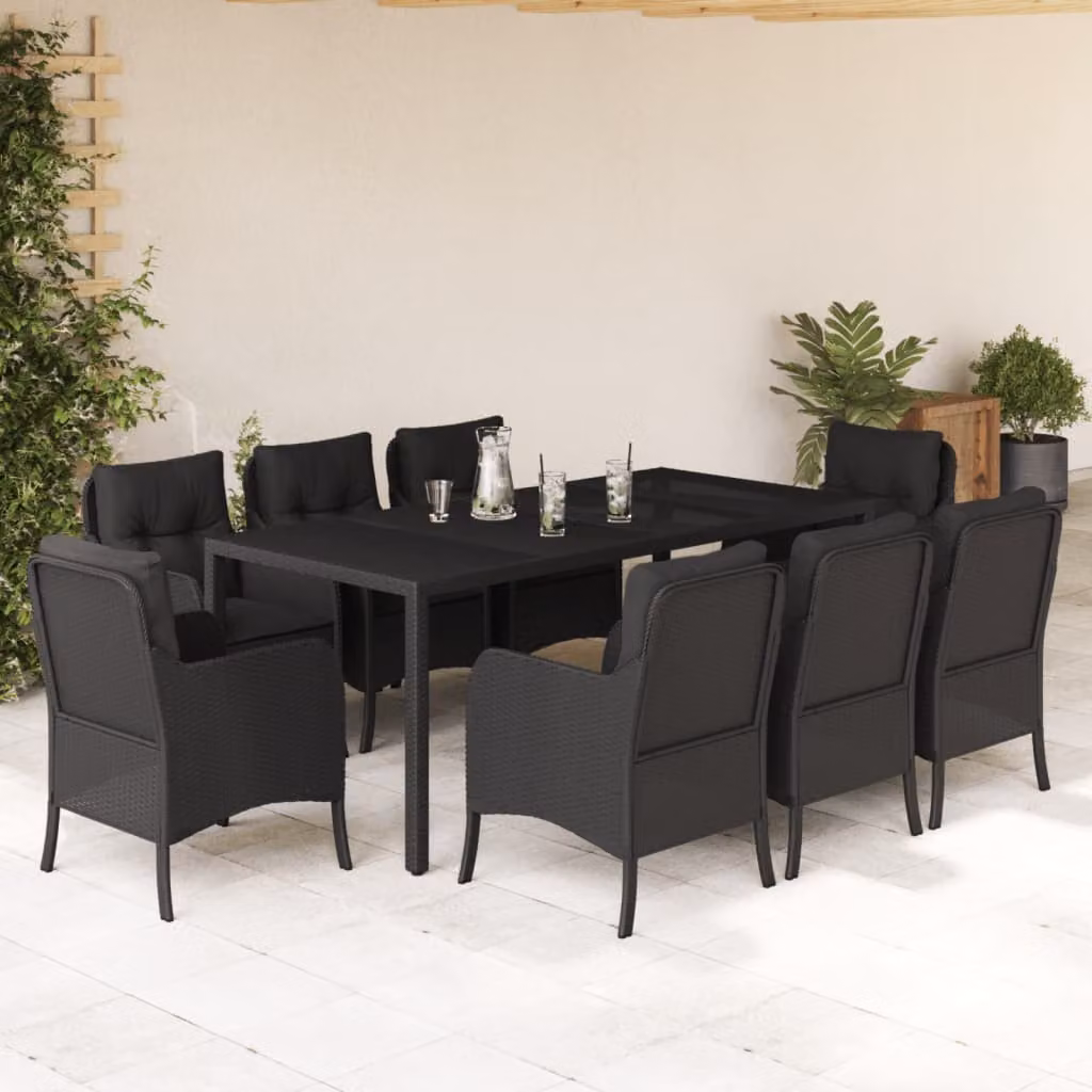 Set da Pranzo da Giardino vidaXL 9 pz in Polyrattan Nero con Cuscini e Tavolo in Vetro – 1