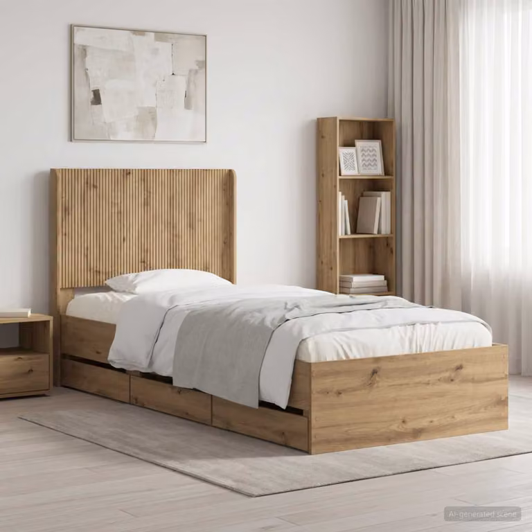 Struttura letto con stoccaggio e testata vidaXL in legno Rovere Marrone L: 140 cm, P: 204,5 cm, H: 97 cm