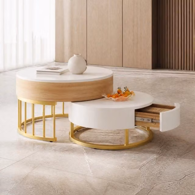Set di tavolini bassi rotondi a incastro MIVRAY con piano sollevabile e cassetto in MDF bianco e oro