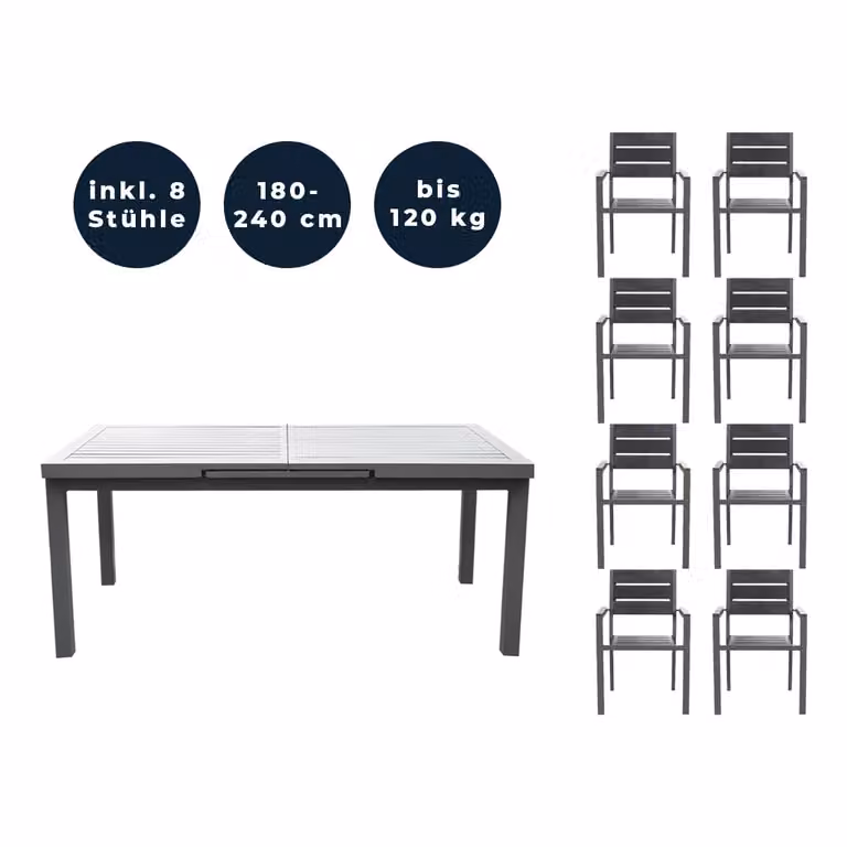 Home Deluxe - Tavolo da giardino allungabile - CALIDO - ca. 180 (240) x 97,5 x 76,5 cm - incl. 8 sedie, struttura in alluminio, piano in vetro - incl. accessori I Set da giardino tavolo allungabile per balcone