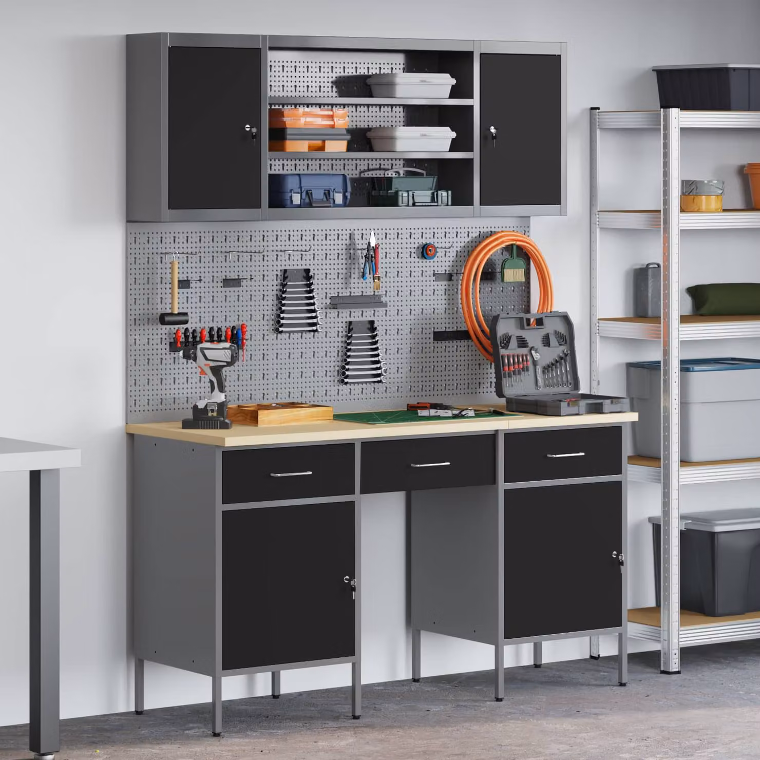 Carrello da lavoro mobile vidaXL 7 pezzi in acciaio e legno ingegnerizzato colore nero
