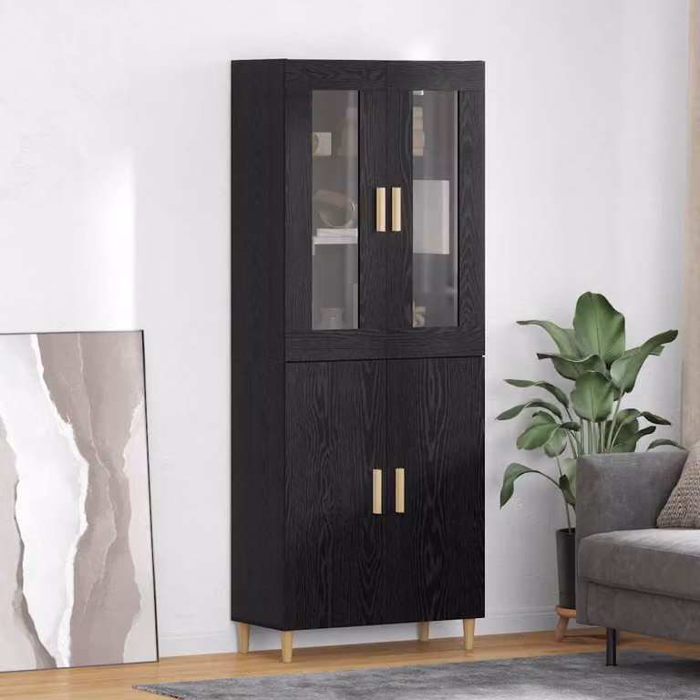 Credenza moderna vidaXL in rovere nero con vetro, L: 69,5 cm, P: 34 cm, H: 180 cm