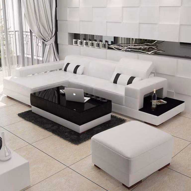 Ecksofa Couch Polster Wohnlandschaft Leder Eck Sofas Garnitur L-Form mit Hocker