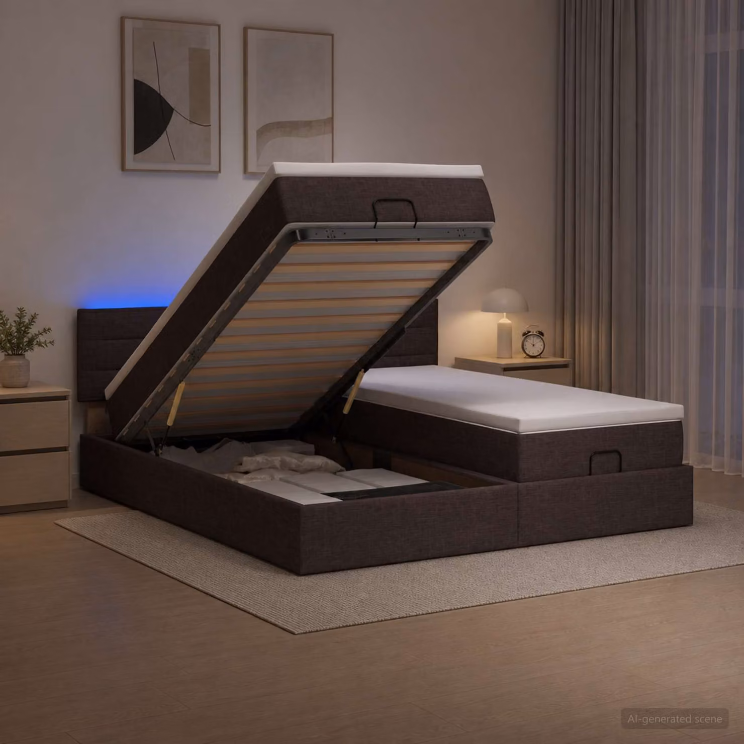Letto Ottomano con Materasso e Illuminazione LED vidaXL, Marrone e Bianco, L/P/H: 200 x 200 x 88 cm
