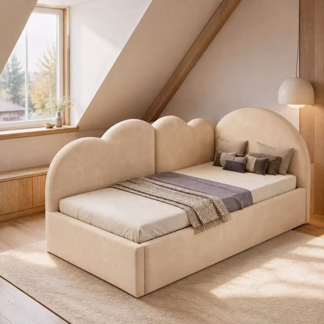 Letto divano estraibile moderno in tessuto beige con schienale e testiera a nuvola, L/P/H: 205.5 x 120 x 88 cm