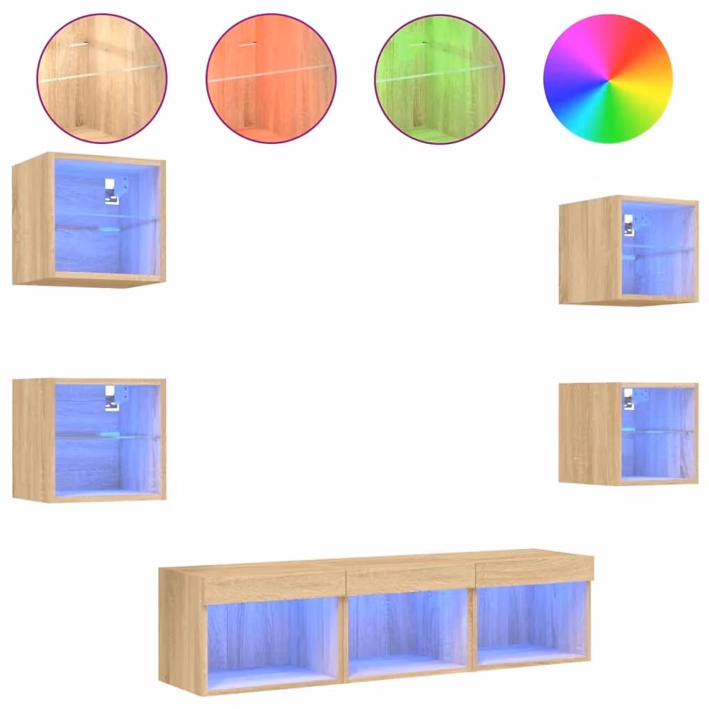 Mobile TV a muro vidaXL con illuminazione LED in legno Rovere Sonoma, set di 7 pezzi – 2