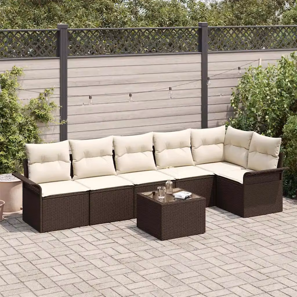Set Divano da Giardino vidaXL 7 Pezzi a Forma di L Marrone con Cuscini e Tavolino in Vetro – 1