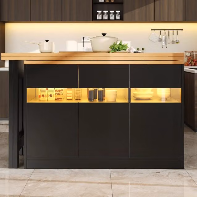 Tavolo bar allungabile girevole con LED; 120-180 cm; MDF; nero e naturale