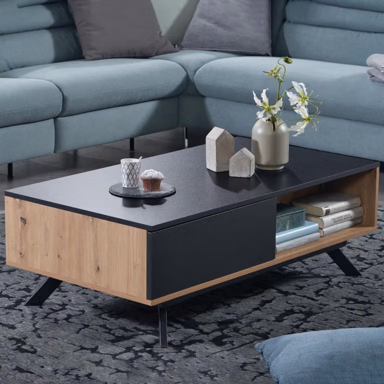 FineBuy Tavolino da salotto 110x60x38 cm in MDF con finitura rovere / nero Tavolino da salotto Tavolino da divano Rettangolare con vano portaoggetti Tavolino da caffè con cassetti Tavolino