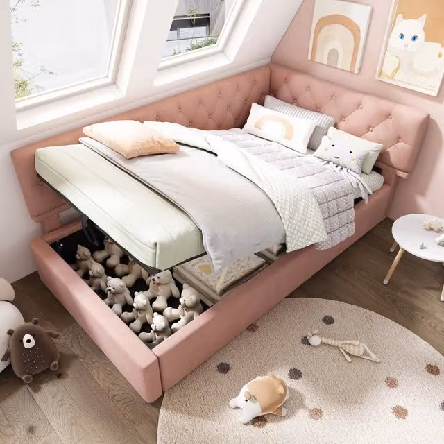 Letto imbottito rosa 90x200 cm in velluto con contenitore idraulico e rete a doghe