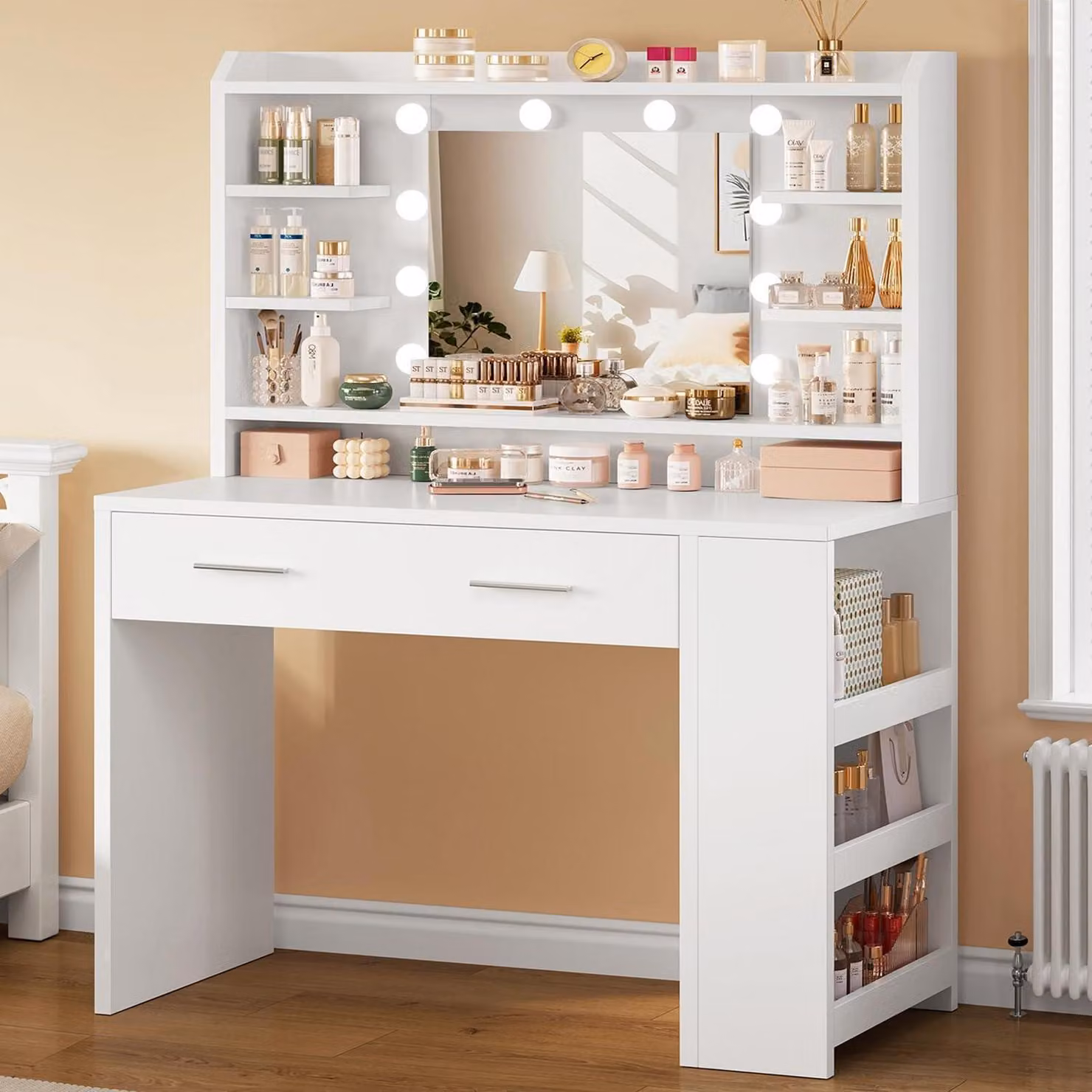 Comò da trucco con specchio e illuminazione a LED, 3 modalità di luce, bianco, con cassetti e ripiano laterale
