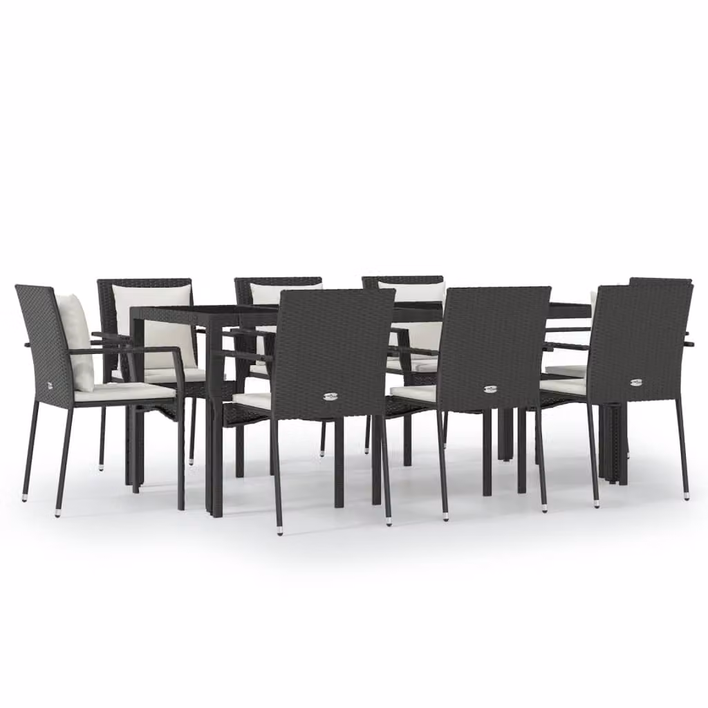 Set da Pranzo da Giardino 9 pz con Cuscini Nero in Polyrattan