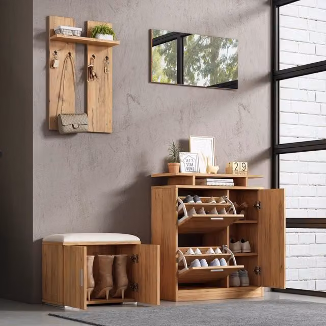Set guardaroba ingresso ¨C Minimal ¨C 1 specchio, 4 ganci, 5 ante, legno naturale, 140x35x133 cm