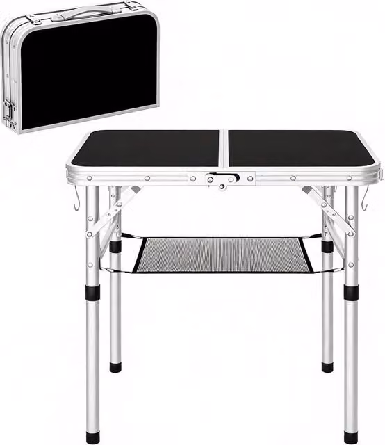 Tavolo da giardino bistrot pieghevole con rete portaoggetti e 4 altezze regolabili per esterno in MDF e alluminio 60x40 cm nero