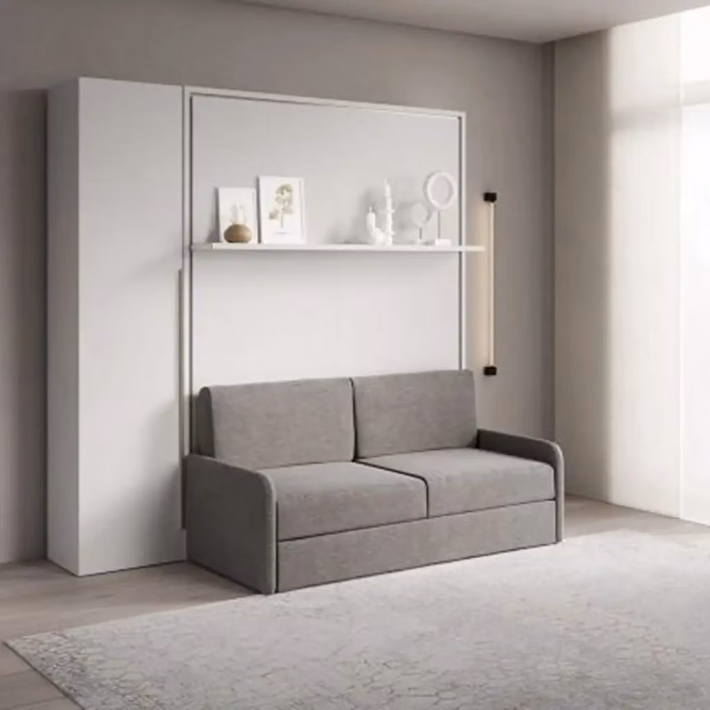 Letto matrimoniale a scomparsa Kivio con divano, mensola e armadio, colore bianco – 2