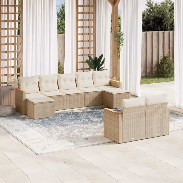 vidaXL Set Divano da Giardino 9 pz a forma di U in Polyrattan con Cuscini Beige e Struttura in Acciaio Verniciato a Polvere