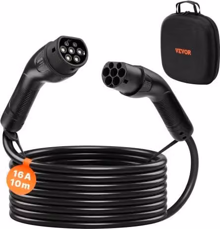 VEVOR Cavo di Prolunga per Caricabatterie Auto Elettrica EV Tipo 2, 16 A, 10 m, max 11 kW, Nero, IP65 Trifase
