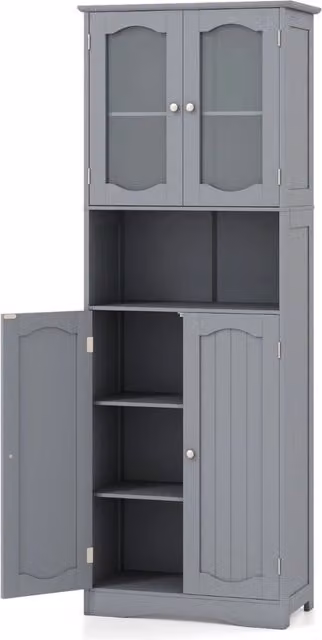 Armadio da bagno alto-Mobiletto da bagno 164cm con porte in vetro satinato e ripiani, Mobile autonomo per cucina soggiorno ufficio Grigio