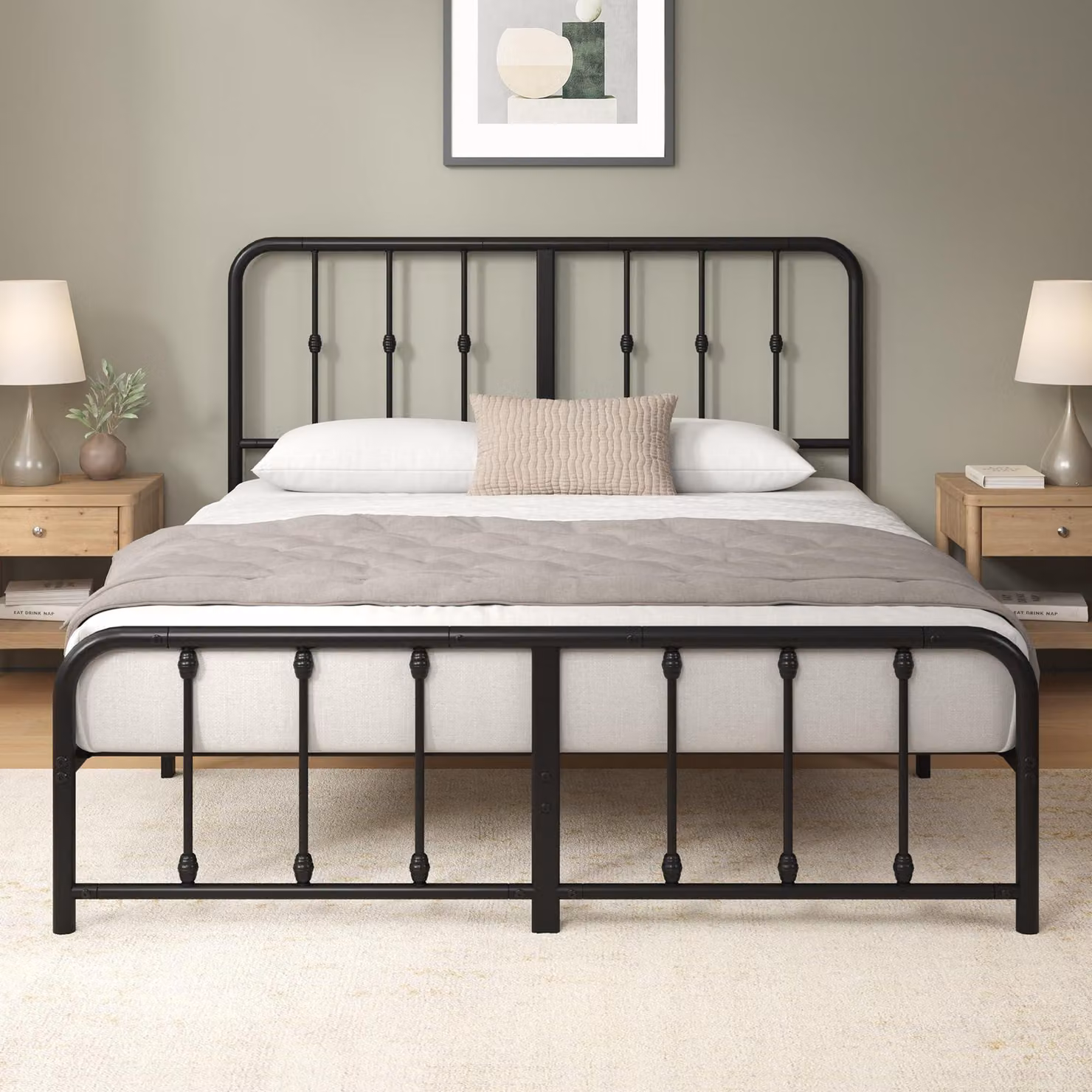 Letto in metallo 140x200 cm, stile vintage, con testiera nera, completo di rete a doghe