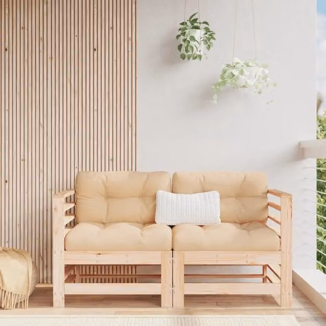 Divano componibile angolare da giardino in legno massello di pino beige con cuscini DESIGN IN