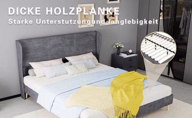 Letto imbottito moderno 160×200 cm in velluto olandese grigio con testiera morbida, base bassa senza contenitore, materasso 160×200 incluso