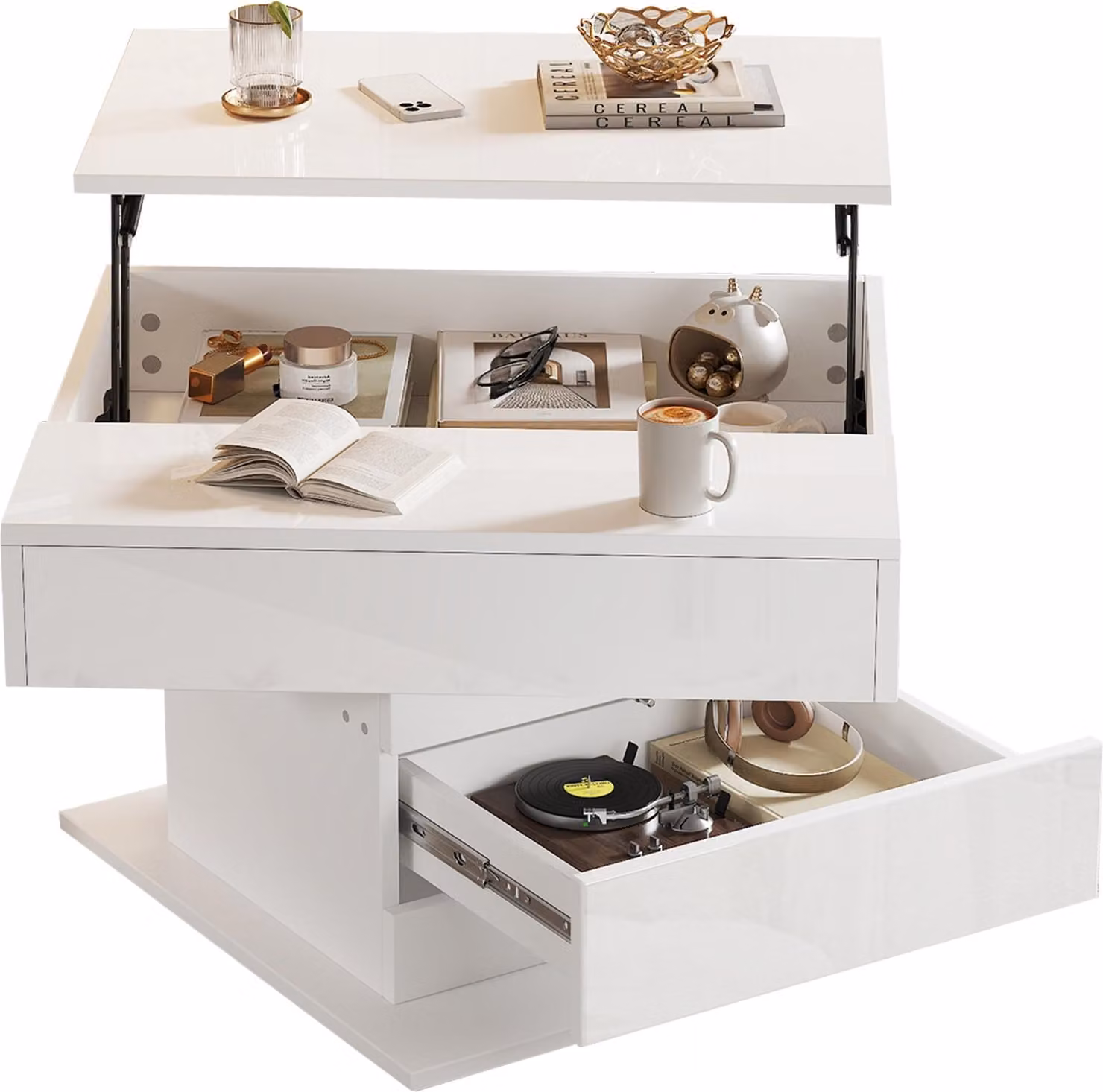 Tavolino da caffè geometrico 70×70×45 cm, piano superiore ruotabile a 360°, tavolino sollevabile con 1 cassetto, tavolino da salotto con vano portaoggetti nascosto,