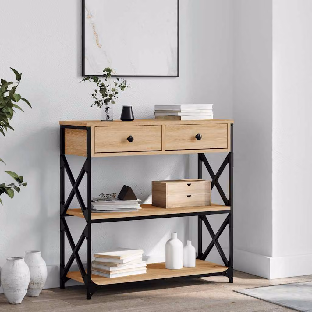 vidaXL Tavolino Consolle in Legno e Metallo Stile Industrial, Rovere, L/P/H: 75 x 28 x 75 cm