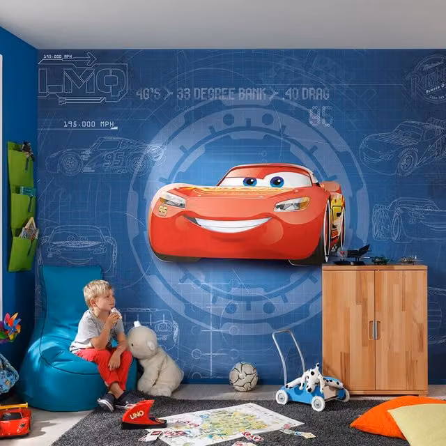 Fotomurale KOMAR Cars blueprint blu e rosso L: 368 cm, H: 254 cm