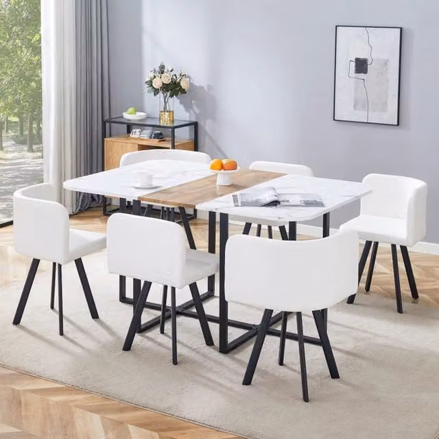 Set tavolo e sedie da pranzo estensibile MIVRAY moderno per 4-7 persone in MDF, metallo e PU nei colori bianco, nero e legno naturale