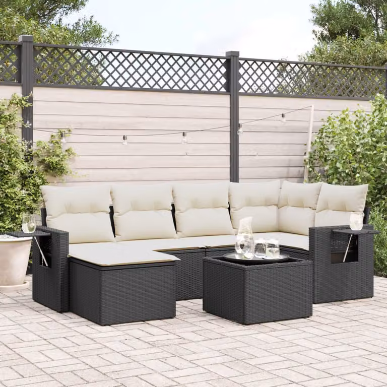 vidaXL Set Divano da Giardino a L con 7 Pezzi in Polyrattan Nero e Cuscini Imbottiti