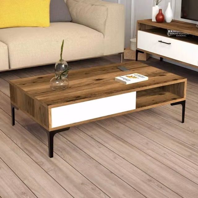 Tavolino da salotto Gru DMORA moderno in noce e bianco L: 105 cm, P: 60 cm, H: 33 cm