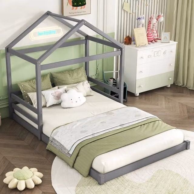 Letto a casetta matrimoniale OKWISH in pino e MDF grigio con rete inclusa, L/P/H: 140 x 200 x 149 cm – 1