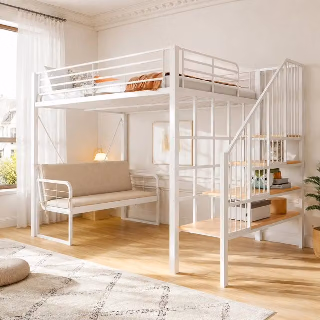 Letto a castello 140x200 cm con divano imbottito estraibile e scala contenitore; bianco