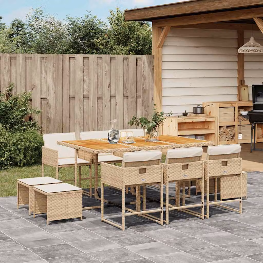 vidaXL Set da Pranzo da Giardino 11 pz in Polyrattan con Cuscini Beige e Legno di Acacia – 1